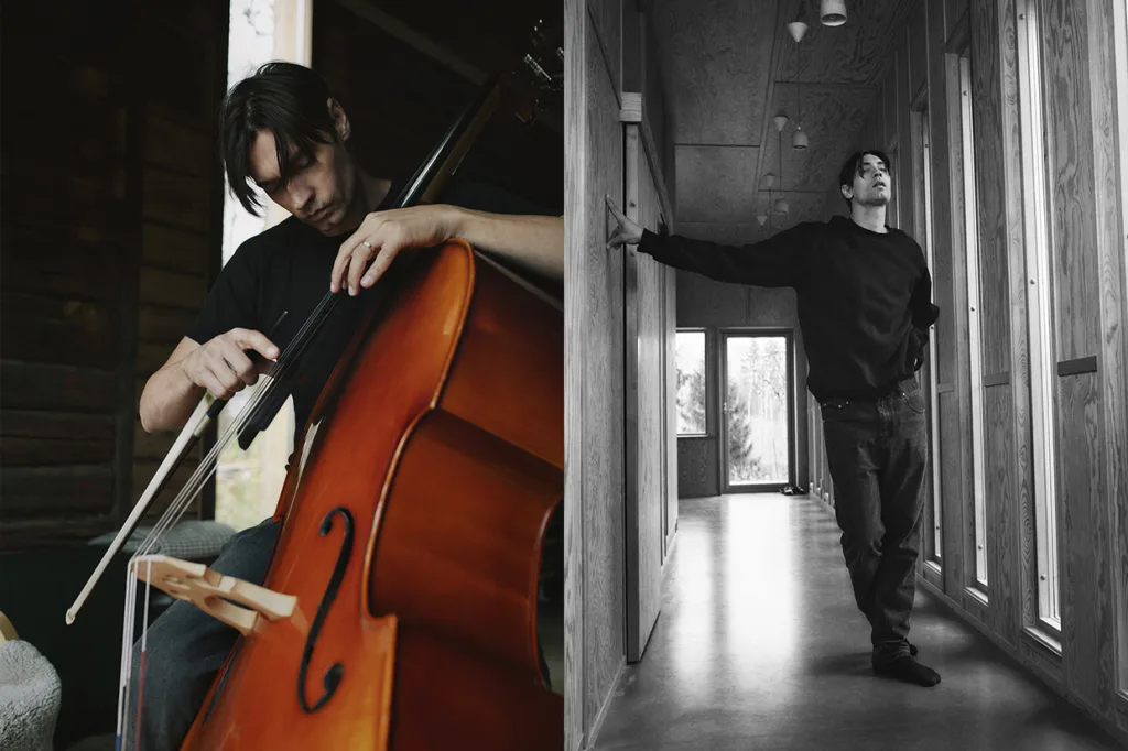 En delad bild: vänster sida visar Gustaf Norén som spelar cello, med fokus på strängarna; höger sida visar Gustaf i en korridor, lutad mot en vägg med en utsträckt arm, och ser eftertänksam ut.
