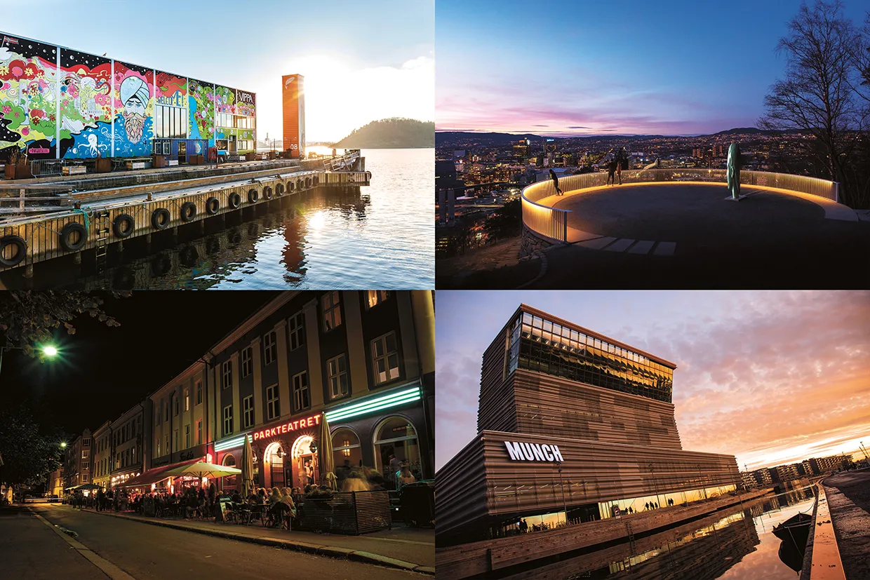 Ett collage med fyra bilder visar Oslo: en färgglad väggmålning vid vattnet, en utsikt över staden i solnedgången från en rund utsiktsplats, en livlig gata med kaféer på kvällen och det moderna MUNCH-museet i skymningen.