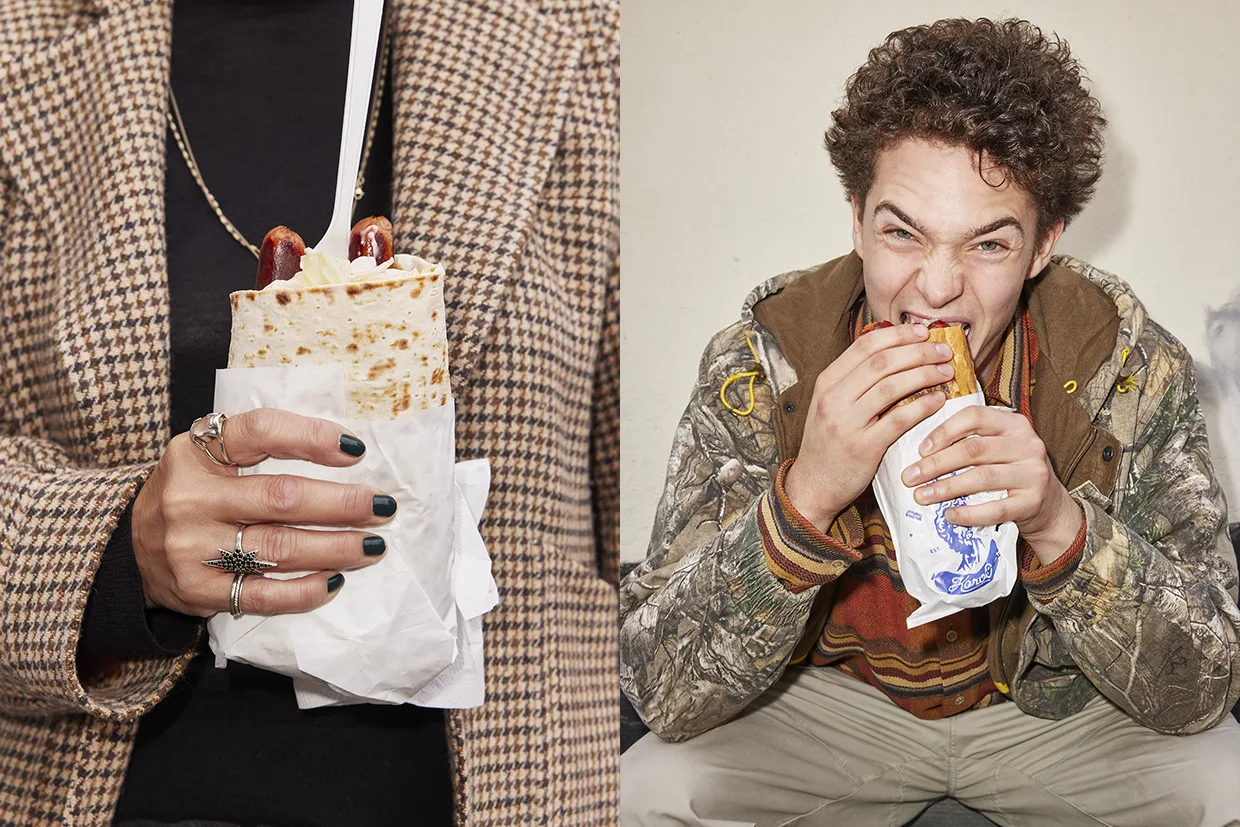 Delad bild: Vänster sida visar en närbild av en person som håller i en kebabwrap med målade naglar och smycken. Höger sida visar en person som biter i en smörgås, klädd i kamouflagejacka och randig skjorta, och ser upphetsad ut.