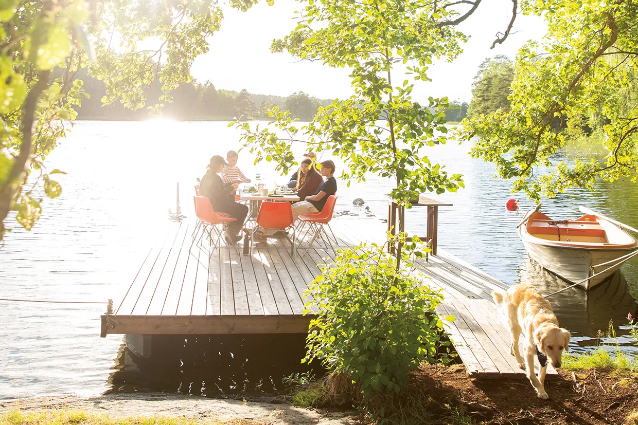 En grupp människor sitter runt ett bord på en träbrygga vid en sjö och njuter av mat och samtal i en scen som påminner om Lars Lerins lugna målningar. En roddbåt ligger förtöjd i närheten och en hund promenerar på gräset bland solbelysta gröna träd.