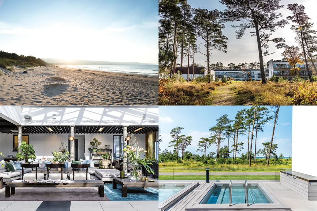 Ett collage av fyra bilder: en sandstrand i solnedgången, en modern byggnad omgiven av pinjeträd, en elegant inomhuslounge med stora fönster och en utomhuspool med grönska och träd i bakgrunden.