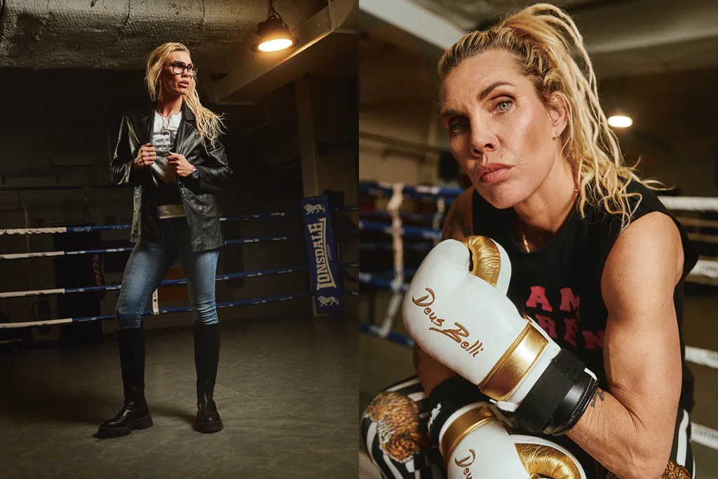 Delad bild: Till vänster står Mikaela Lauren med glasögon, skinnjacka och kängor i ett boxningsgym. Till höger sitter Mikaela Lauren iförd boxningshandskar i en boxningsring och ser beslutsam ut.