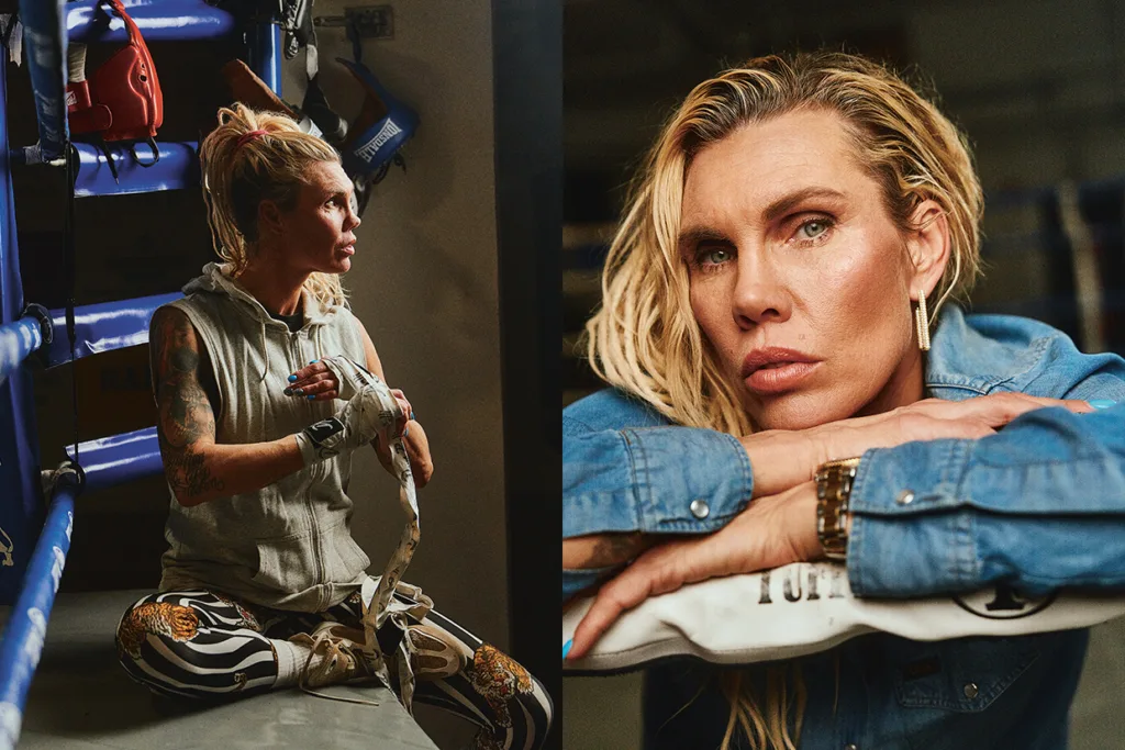 Delad bild: Vänster sida visar Mikaela Lauren med blont hår, tatueringar och boxningslindor som sitter i en boxningsring; höger sida är en närbild av henne där hon vilar hakan på korsade armar och ser allvarlig ut.