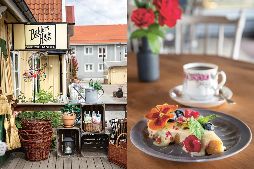 En pittoresk uteservering med korgar och blommor bredvid en skylt med texten Balders Hage. Bredvid en närbild på en dessert toppad med ätbara blommor och en kopp kaffe på ett träbord.
