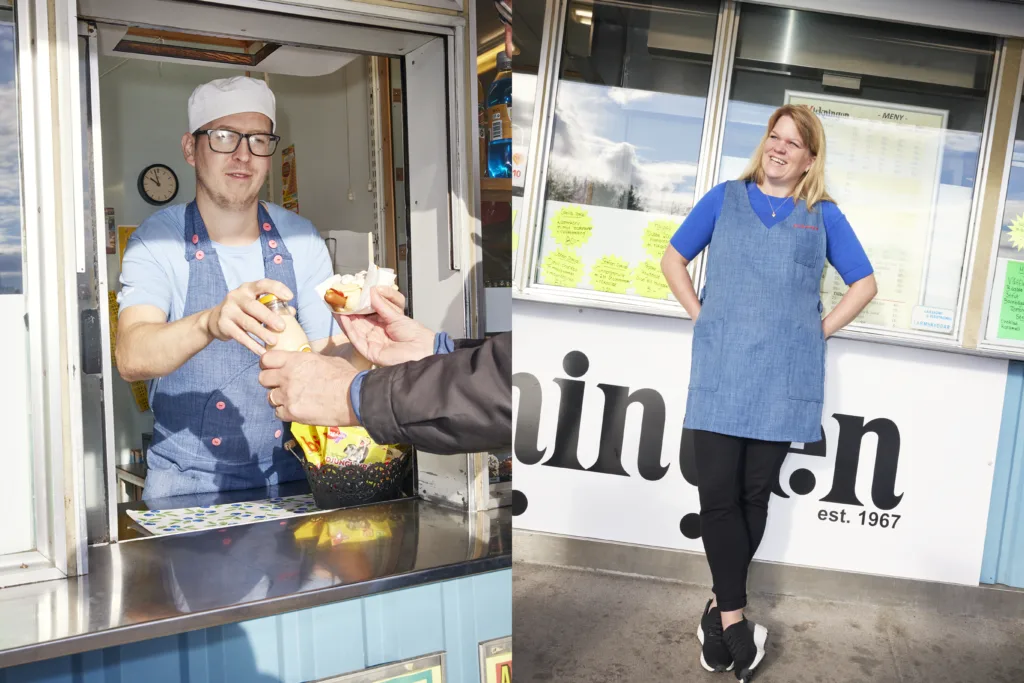 Delad bild: Vänster sida visar en man i förkläde och keps som serverar mat genom ett takeaway-fönster; höger sida visar en leende kvinna i blå skjorta och förkläde som står utanför en byggnad.