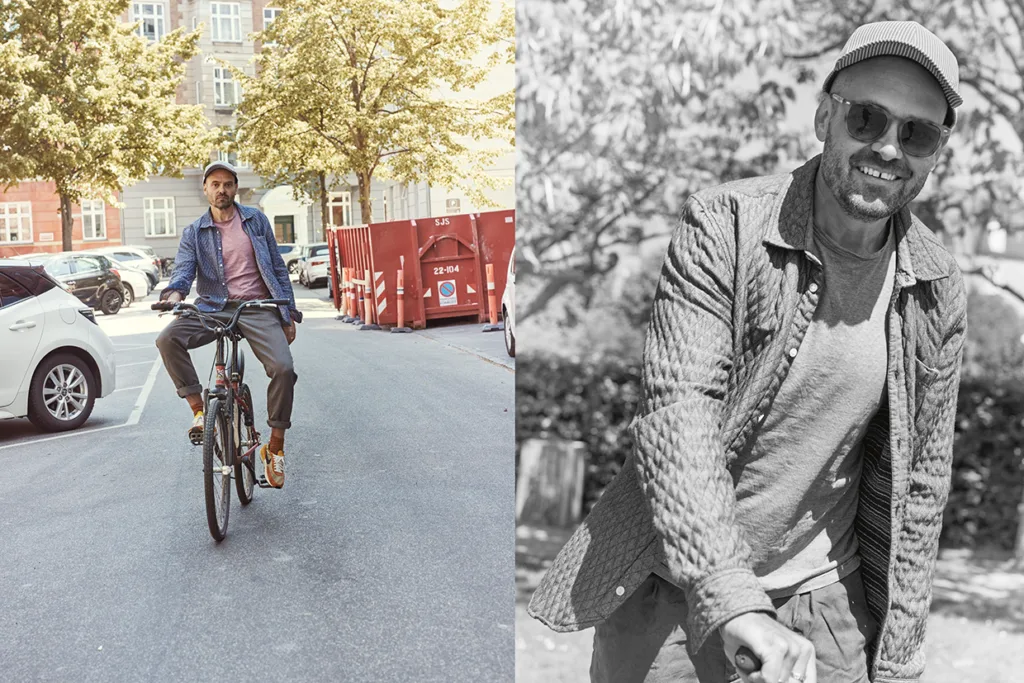 Delad bild: Till vänster cyklar David Dencik längs en gata som kantas av parkerade bilar och träd. Till höger syns en närbild av David Dencik som ler och bär keps, jacka och solglasögon en solig dag.