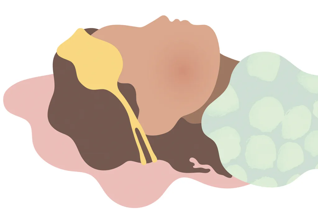 Abstrakt illustration av en person som ligger på rygg med slutna ögon, huvudet vilande på en rosa yta och en gul skedform nära sidan av huvudet. Personen är delvis täckt av en ljusgrön filt.