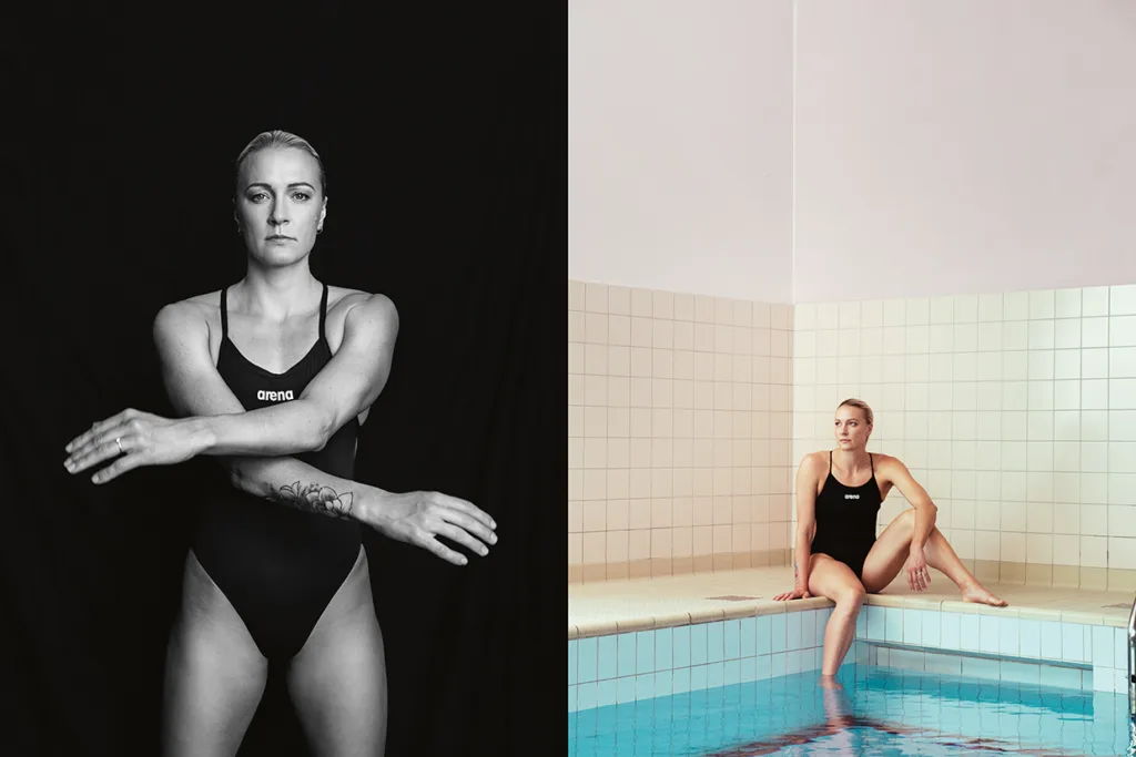 Sara Sjöström i svart baddräkt poserar med armarna i kors på ett svartvitt foto till vänster och sitter vid kanten av en inomhuspool med ena foten i vattnet på ett färgfoto till höger.