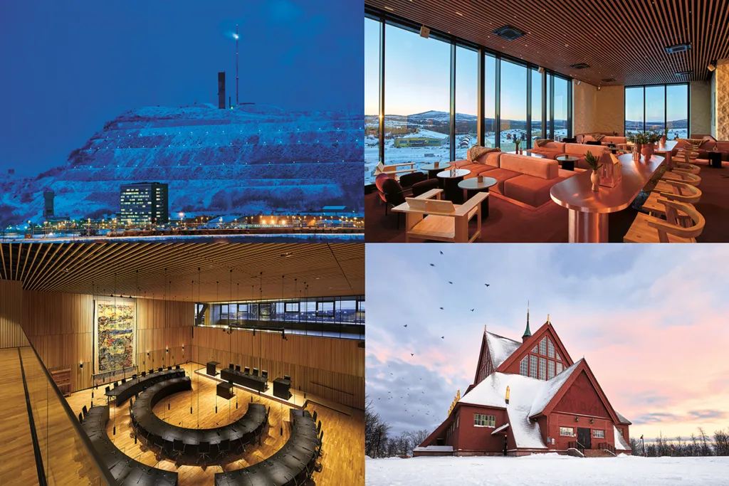 Ett collage av fyra bilder: en snöig kulle med byggnader och ett upplyst torn på natten, en modern restaurang med stora fönster och natursköna vyer, ett runt konferensrum i trä och en röd träkyrka i snö i solnedgången.