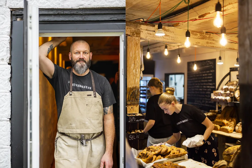Delad bild: Till vänster står en skäggig Johan Sörberg i förkläde i en dörröppning och ler. Till höger serverar två kvinnor färska bakverk i ett rustikt bageri med synliga glödlampor och hyllor fulla av bröd.