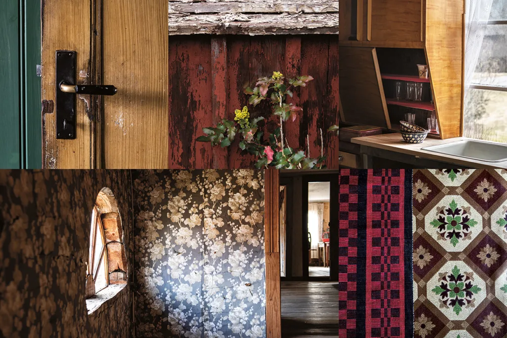 Ett collage med sex bilder som visar: en närbild av en trädörr med svart handtag, väderbitet rött trä med gröna växter, ett mysigt kökshörn, en ljus blommig tapet, ett fönster med blommig tapet och färgglatt mönstrat kakel.