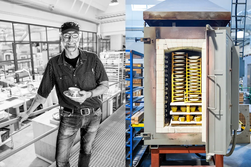 Delad bild: Till vänster håller en leende man med glasögon och keps i keramikskålar i en keramikstudio. Till höger syns hyllor med staplad keramik inne i en industriell ugn.
