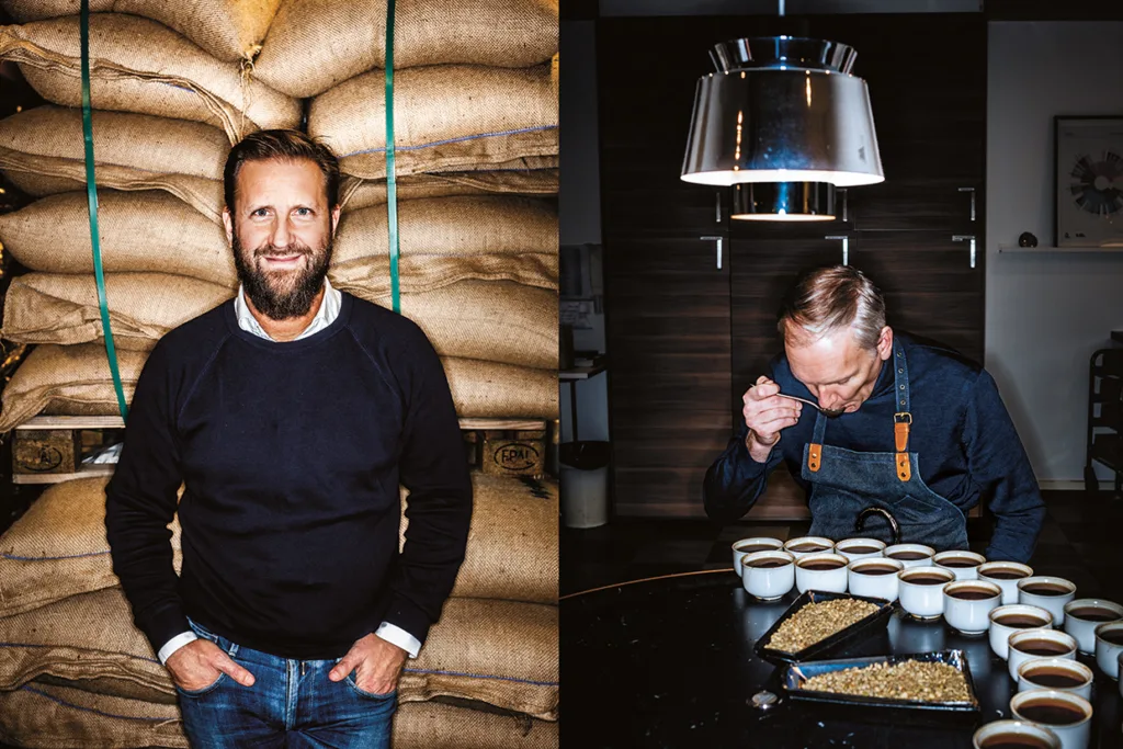 Delad bild: Till vänster står en skäggig man och ler framför staplade säckar av juteväv. Till höger lutar sig samma man i förkläde över ett bord där det luktar kaffe i koppar, med bönor och kaffesump utlagda.