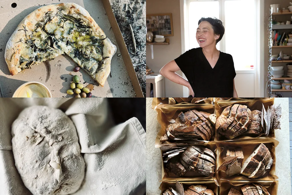 Ett collage med fyra bilder: en delvis uppäten pizza med örter, en leende person i ett kök, en rå bröddeg på en trasa och flera brödskivor i en bakplåt.