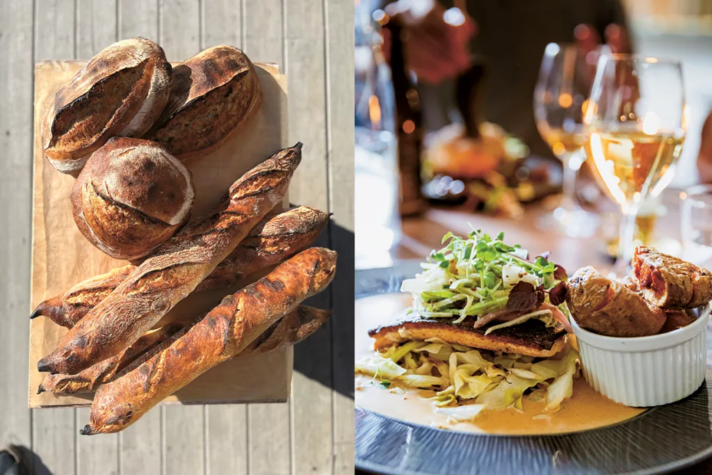 Till vänster olika rustika bröd som baguetter och runda limpor på en träyta; till höger en upplagd gourmetmåltid med vinglas i bakgrunden, bestående av kött, grönsaker och potatis.