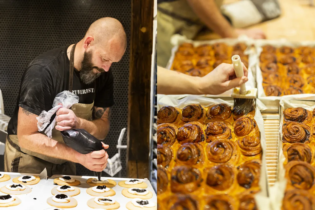 Johan Sörberg spritsar fyllning på runda bakverk i en bild, medan en annan visar en hand som glaserar nybakade kanelbullar på en bricka. Båda scenerna utspelar sig i ett bagerikök.
