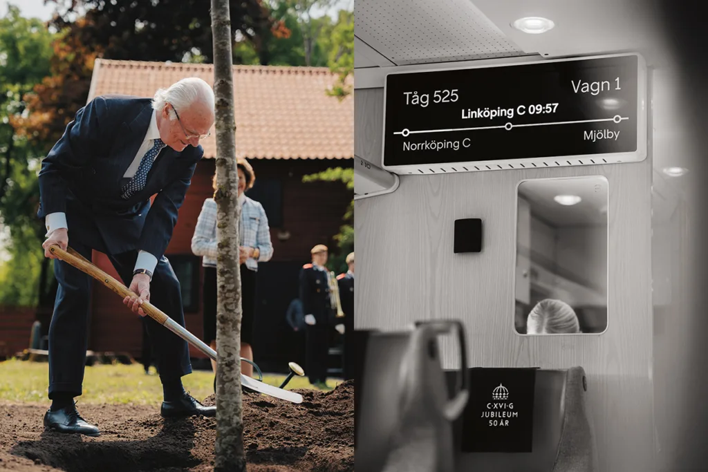 Kungen i kostym planterar ett träd med en spade utomhus, medan den intilliggande bilden visar interiören i ett tåg med en digital display som anger att nästa stopp är Linköping kl. 09:57.