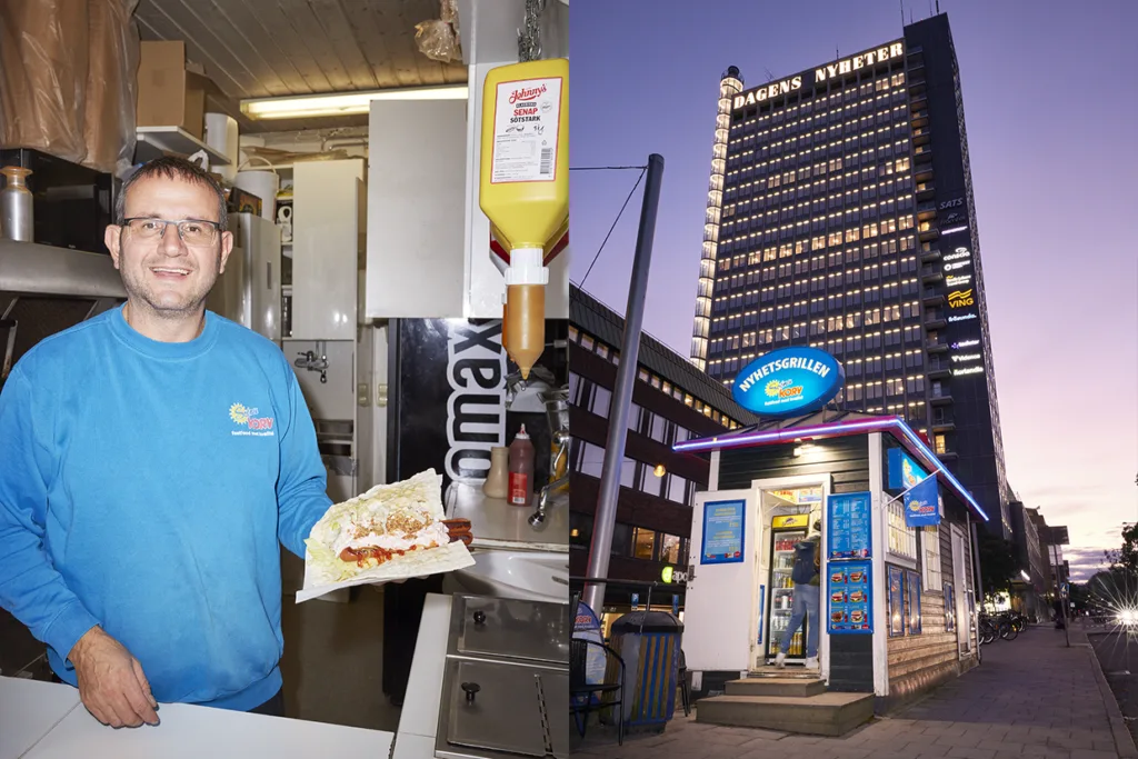 En man i blå skjorta håller i en kebabtallrik i ett matstånd; bredvid syns en exteriörbild av en starkt upplyst matkiosk framför en hög byggnad i skymningen.