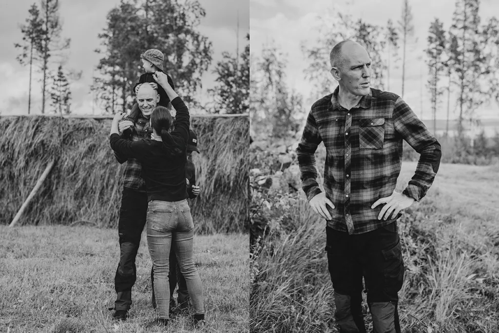 Två svartvita fotografier: Till vänster står en leende Björn Ferry medan en Heidi Andersson hjälper ett barn att sitta på hans axlar utomhus. Till höger står Björn Ferry ensam med händerna på höfterna och tittar åt sidan på ett gräsbevuxet fält.
