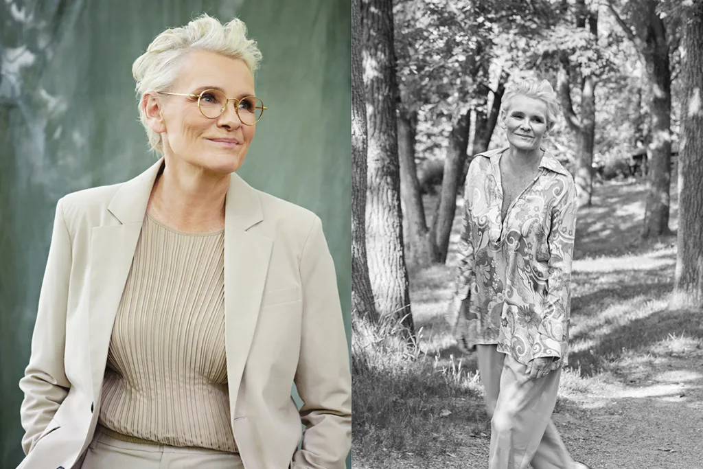 Porträtt sida vid sida av en äldre kvinna med kort grått hår; till vänster bär hon glasögon och en ljus kostym och ler, till höger promenerar hon utomhus i mönstrade kläder bland träd och ser nöjd ut.