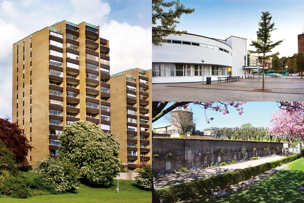 Delad bild: till vänster syns ett högt brunt flerfamiljshus med balkonger och grönska; uppe till höger syns en modern vit svängd byggnad med stora fönster; nere till höger syns en minnesmur av sten med blommor och en gångväg.