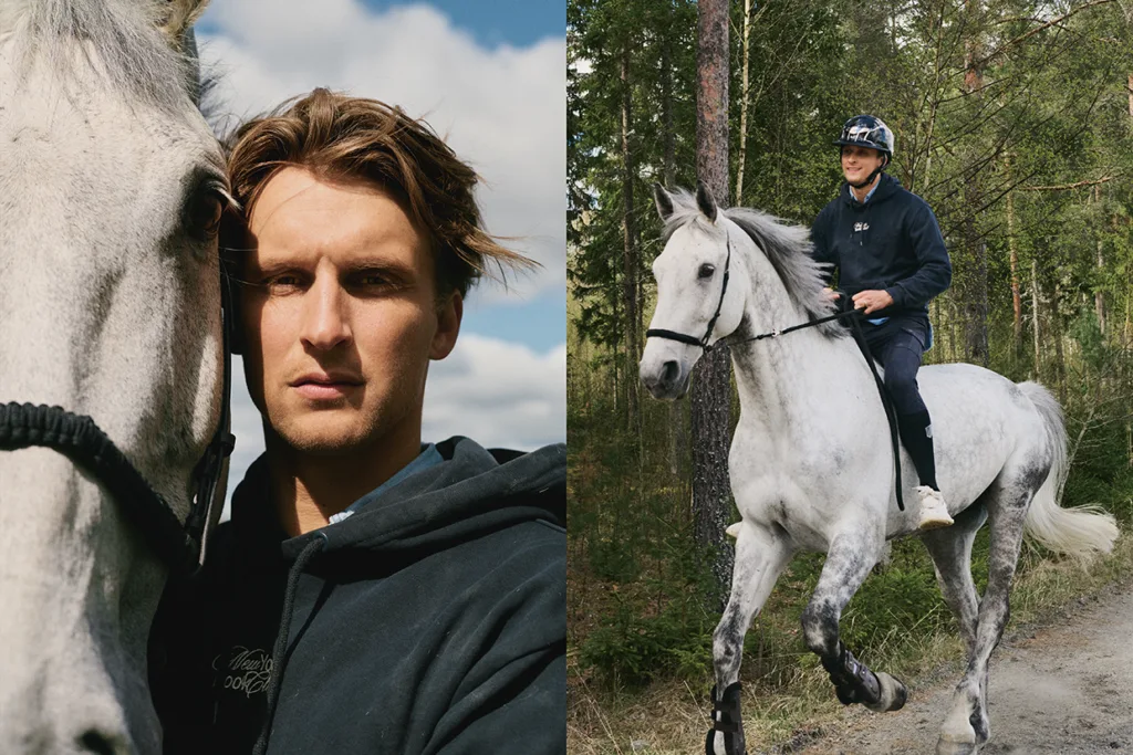Vänster: CARL HEDIN i mörk huvtröja står nära en vit häst, båda vända mot kameran. Till höger: Samma man rider på den vita hästen längs en skogsstig, iförd hjälm och fritidskläder.