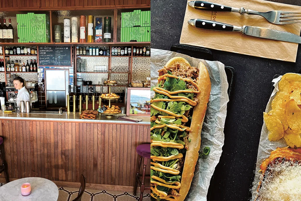 En delad bild visar en bartender som arbetar bakom en träbar fylld med flaskor, glas och snacks till vänster; till höger en närbild av en fylld smörgås med senap och grönsaker, chips och redskap.