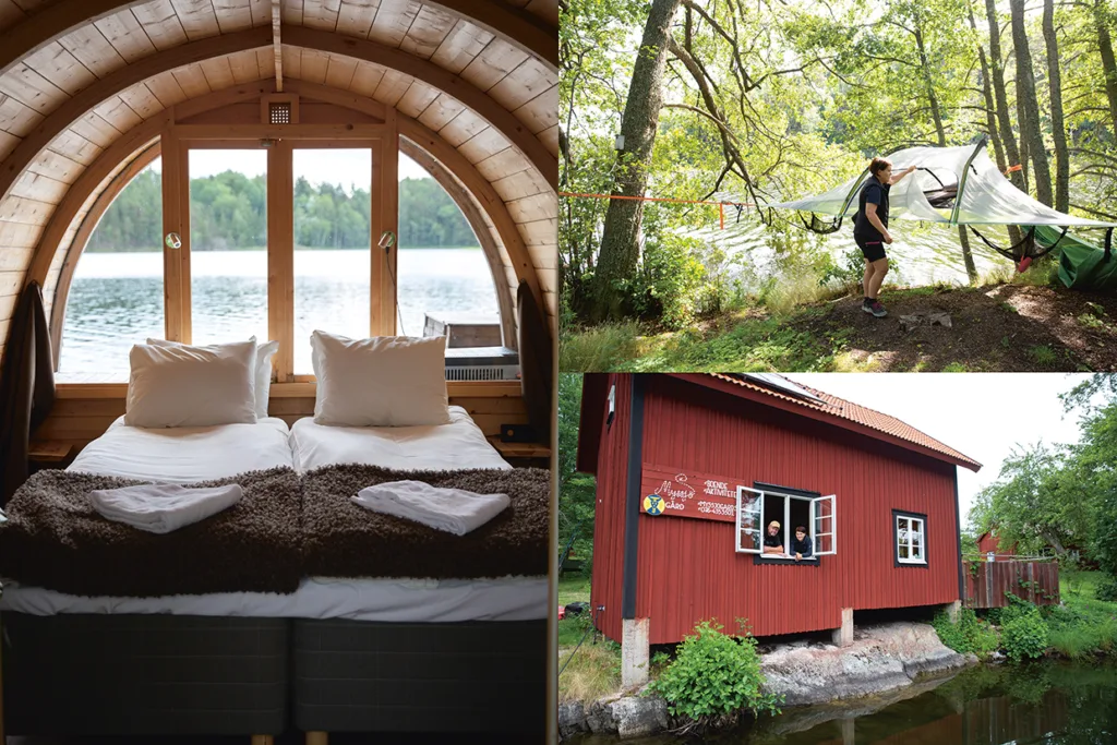 Fotocollage med fyra bilder: till vänster, mysig trästuga med dubbelsäng och sjöutsikt; uppe till höger, person som sätter upp ett hängmattetält bland träden; nere till höger, röd trästuga med människor vid ett fönster, intill en bäck.