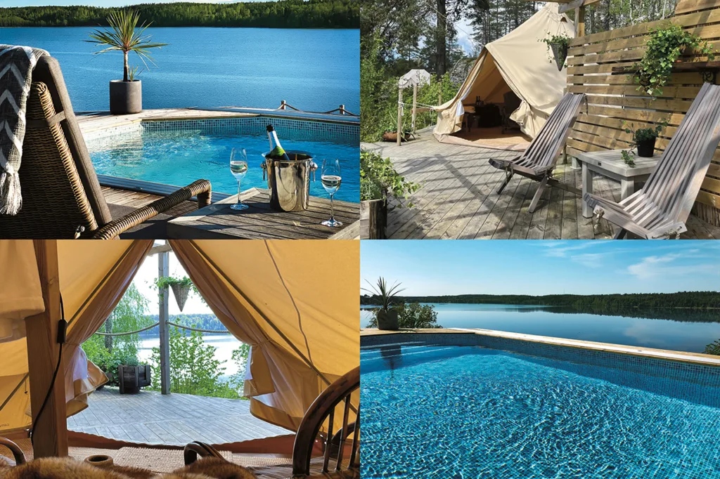 Ett collage med fyra bilder: en pool vid sjön med champagne, en mysig uteservering vid ett tält, en tältinredning med utsikt över sjön och en närbild av en klarblå pool.