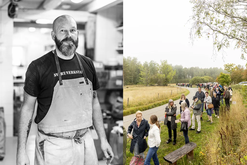 En delad bild visar: till vänster står en skäggig Johan Sörberg i förkläde i en verkstad; till höger står människor på rad utomhus längs en gräsbevuxen stig nära träd.