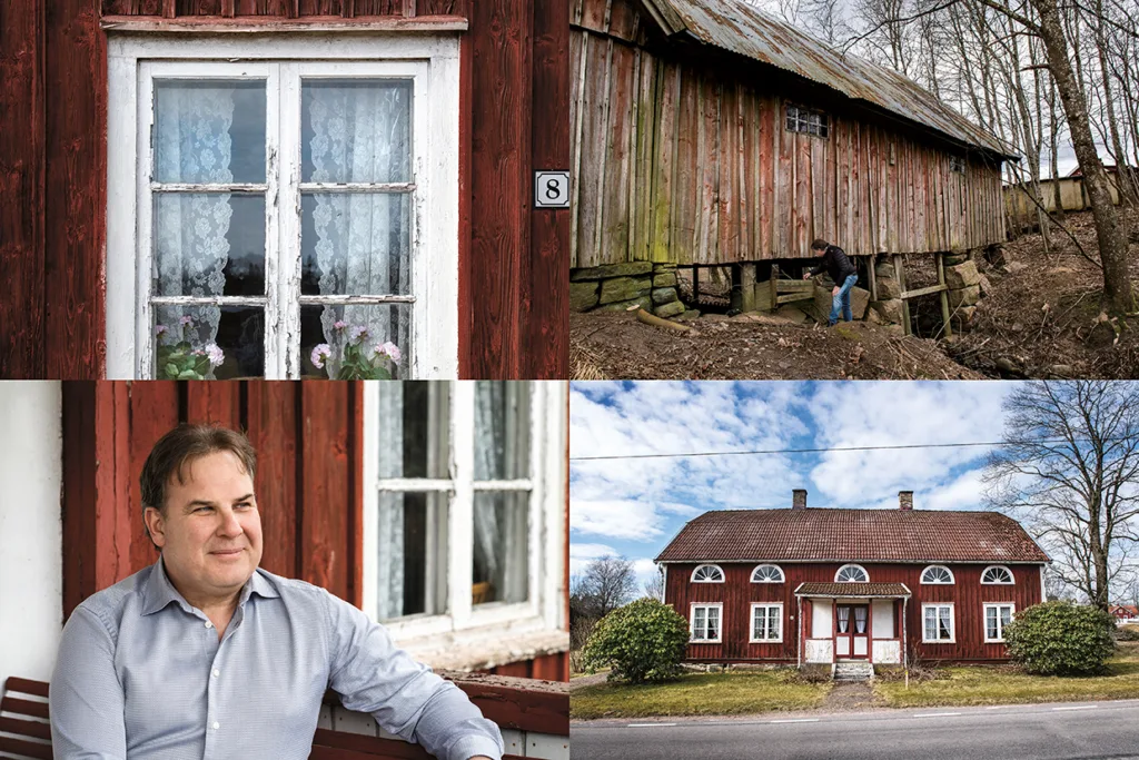 Ett collage av fyra foton: en närbild av ett fönster med spetsgardiner och krukväxter, en gammal röd lada med en person hukad under, en man som sitter på en bänk och ett stort rött trähus med vita kanter.