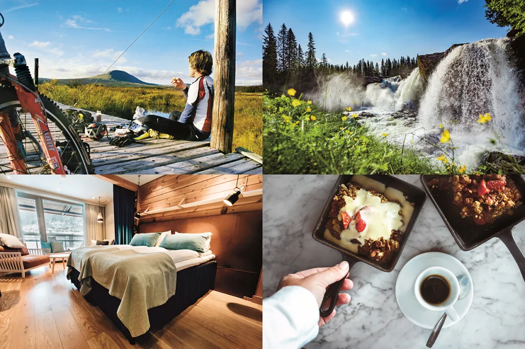 Ett collage med fyra scener: en kvinna vilar på ett trädäck i naturen, ett naturskönt vattenfall med träd, ett mysigt hotellrum och en hand som håller i en bricka med dessert och kaffe på ett marmorbord.