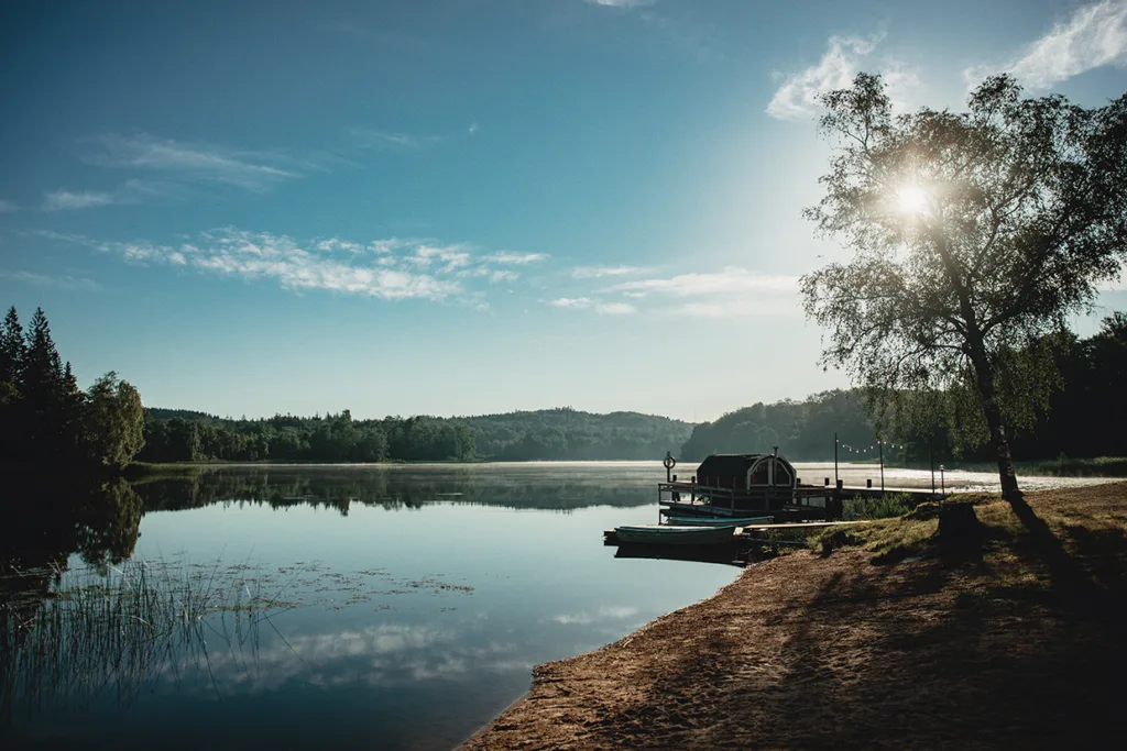 En lugn sjö omgiven av träd under en klarblå himmel, med solljus som skiner genom ett träd på stranden. En liten brygga med båtar sträcker sig ut i vattnet och skapar en fridfull, naturskön vy.