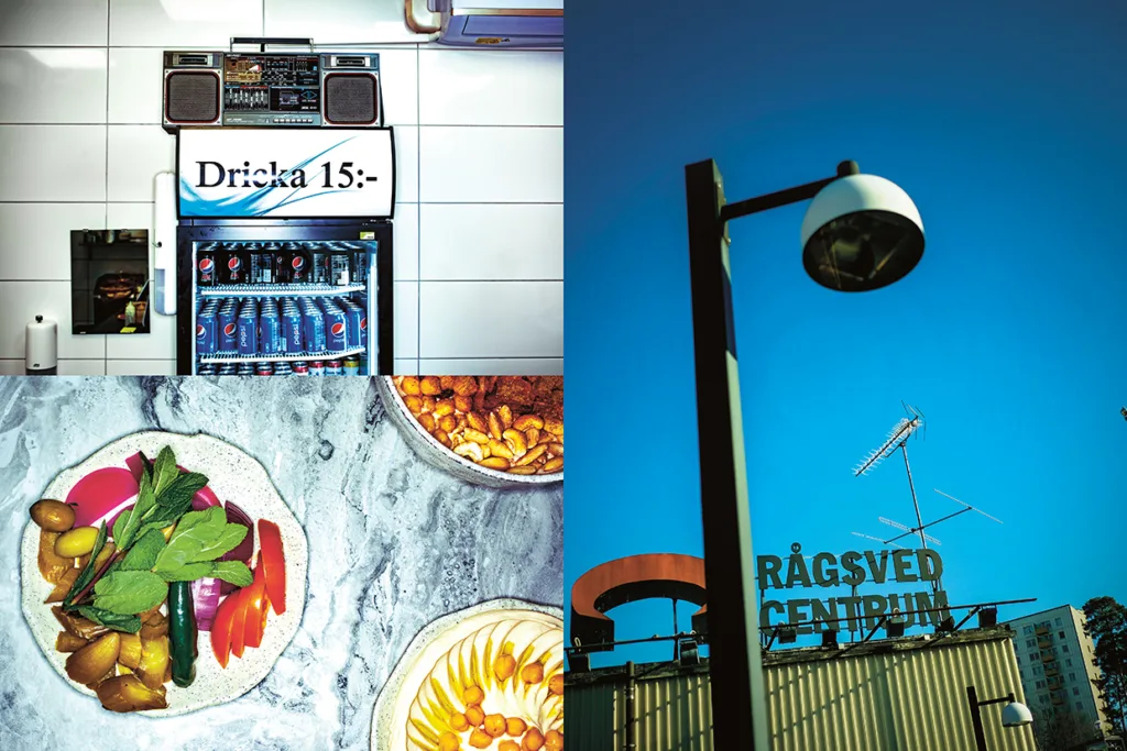 Ett collage av fyra bilder: ett kylskåp med drycker och en radio ovanpå, en gatlykta mot en blå himmel, en tallrik med färgglad mat och en skylt med texten "RÅGSVED CENTRUM" ovanför en byggnad med antenner.