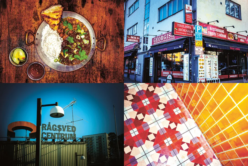 Ett collage med fyra bilder: en tallriksmåltid med ris och bröd, utsidan av en restaurang med färgglada skyltar, en skylt för Rågsved Centrum och en närbild av röd- och vitmönstrade golvplattor.
