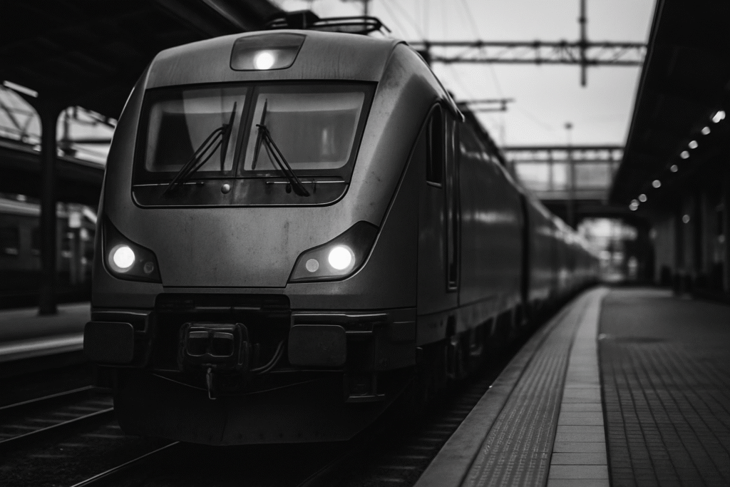 Ett modernt passagerartåg med påslagna strålkastare väntar på en stationsplattform i skymningen, fotograferat i svartvitt. Plattformen är tom och luftledningarna syns.