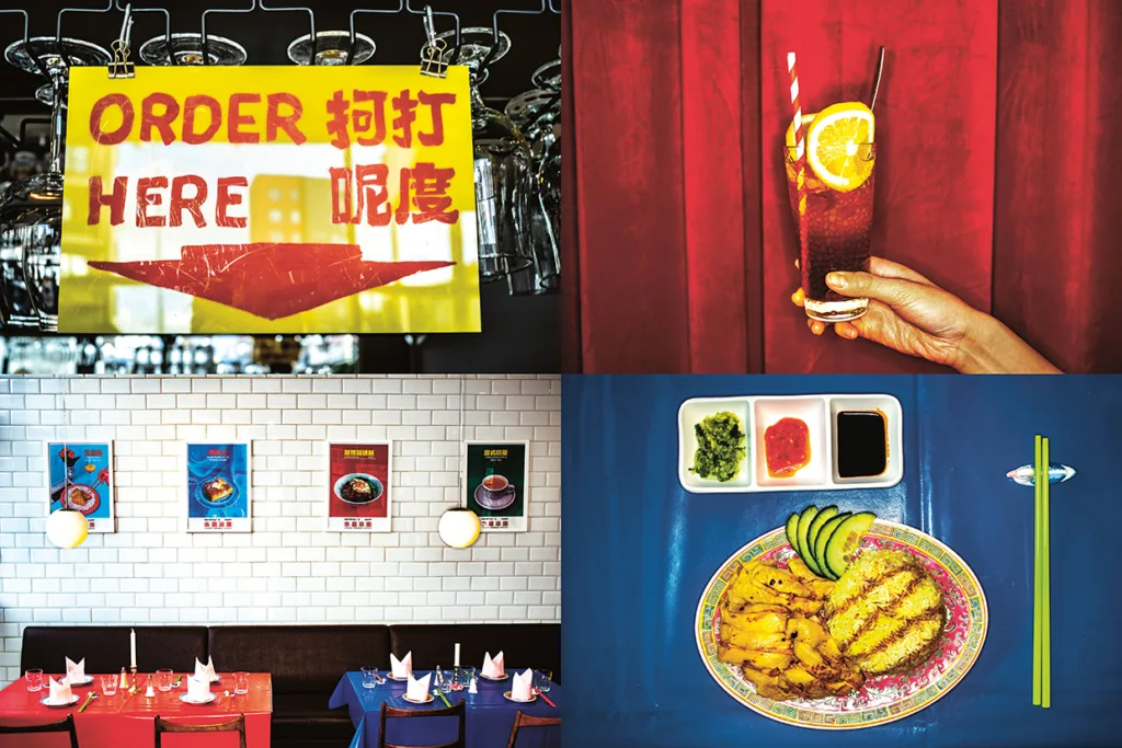 Ett collage med fyra bilder: en gul Order Here-skylt, en hand som håller i en röd drink, en vägg med färgglada mataffischer ovanför matborden och en tallrik med gul grillad kyckling med avokado och såser.