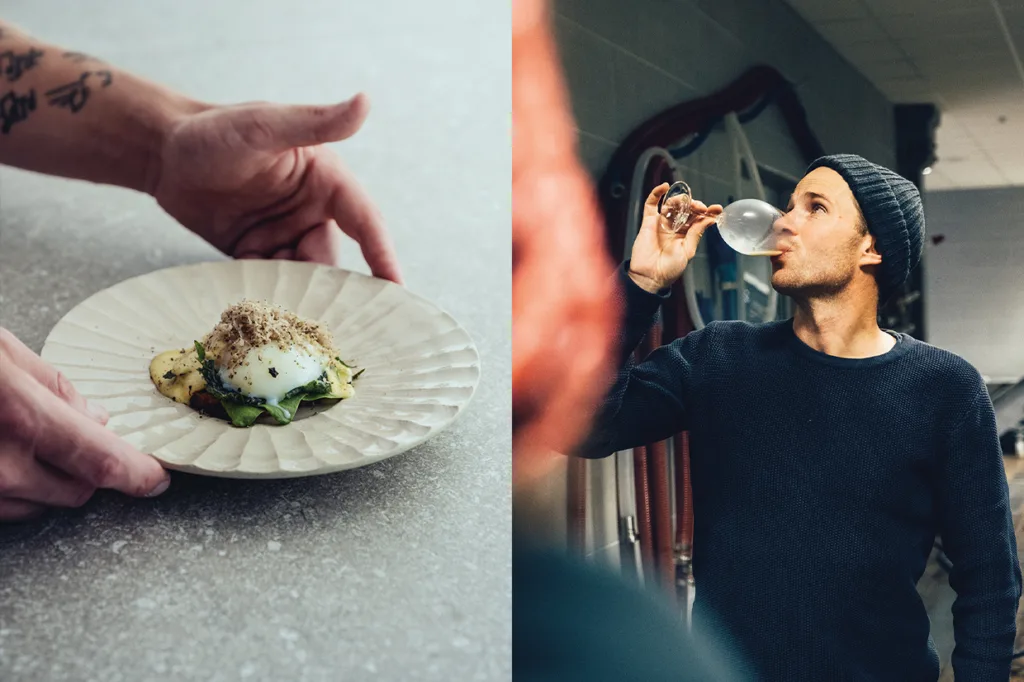 Till vänster presenterar händer en upplagd gourmeträtt med grönsaker och ett pocherat ägg; till höger dricker en person i mössa ur ett vinglas i en inomhusmiljö.
