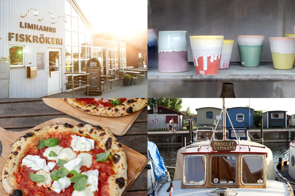 Ett collage med ett fiskrökeris exteriör, färgglada keramikkoppar på en hylla, en pizza toppad med ricotta och basilika och en förtöjd båt märkt Absolut Limhamn nära färgglada byggnader vid vattnet.