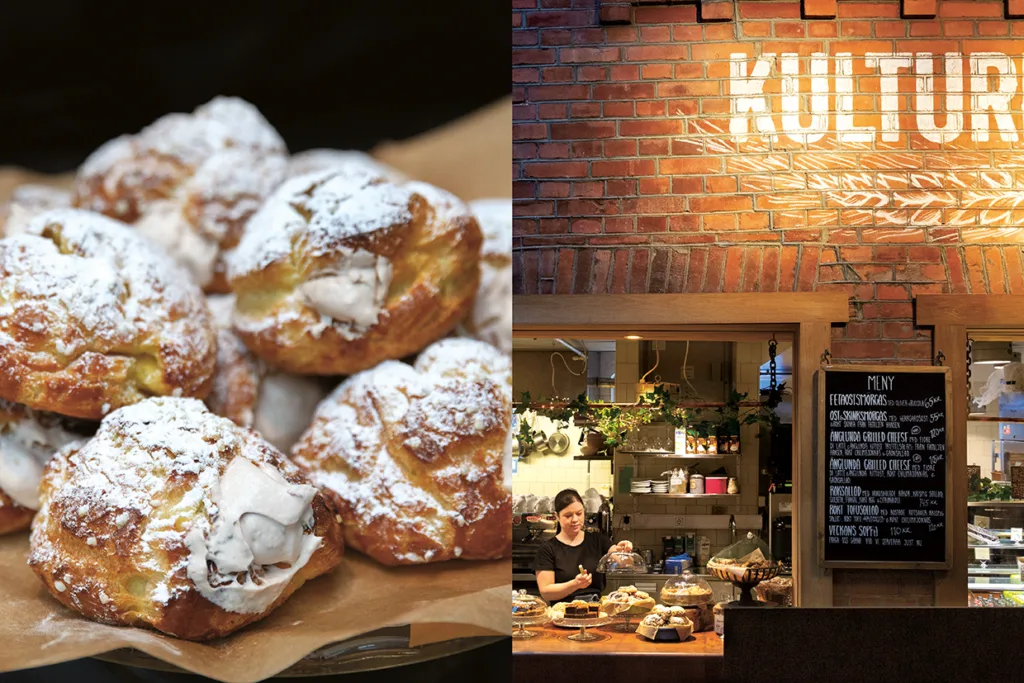 Till vänster en närbild av gräddfyllda bakelser som pudrats med strösocker. Till höger ett café med en tegelvägg med texten "KULTUR", en menytavla och två anställda bakom en disk som visar bakverk.