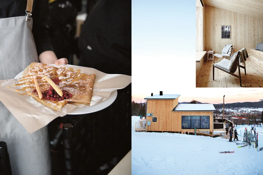 Ett collage med tre bilder: en person som håller i en tallrik med våfflor toppade med sylt och florsocker, ett mysigt trärum med stolar och en trästuga i ett snöigt landskap med människor och skidor utanför.