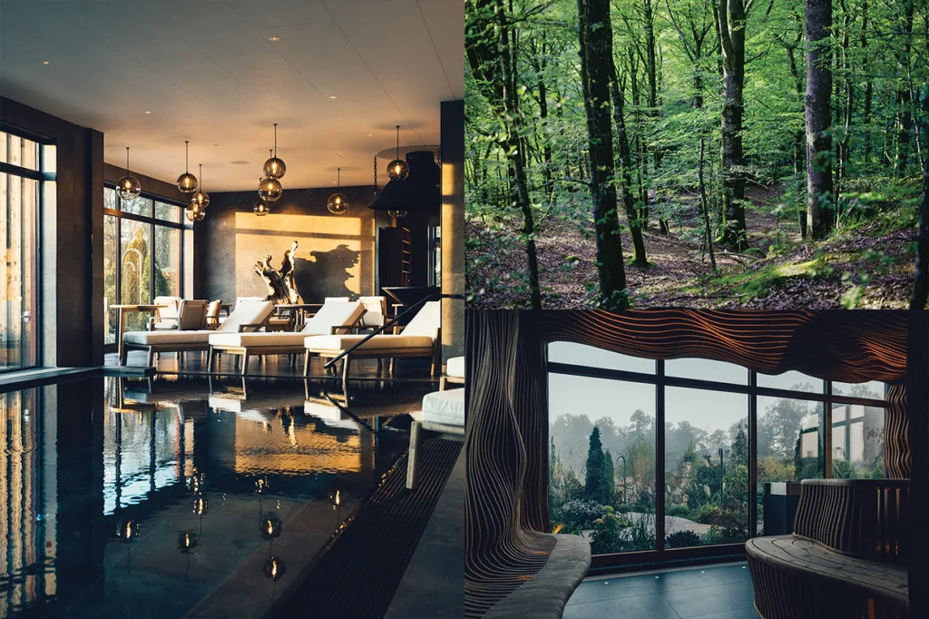 Ett collage som visar en modern inomhuspool och lounge, en grönskande skog och ett rum med stora fönster med utsikt över en trädgård.
