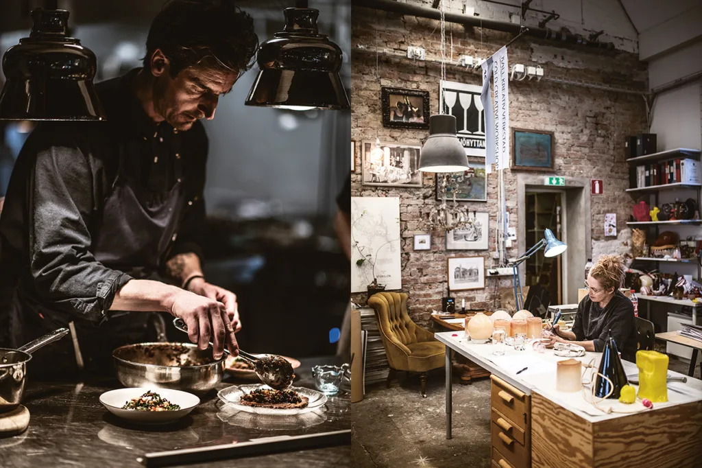Delad bild: Till vänster står en kock och lagar mat i ett dunkelt restaurangkök; till höger arbetar en kvinna vid ett stort bord i en mysig, rustik studio fylld med konst och inredning.