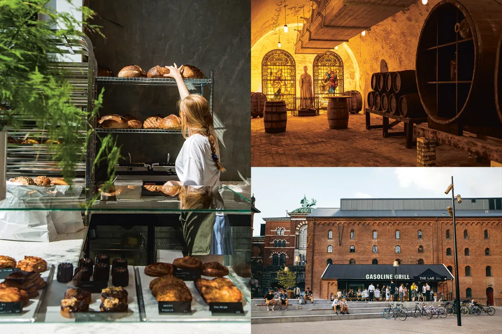 Ett collage av tre bilder: en kvinna som sträcker sig efter bröd i ett bageri, en atmosfärisk vinkällare med tunnor och människor som samlats utanför en restaurang som heter Gasoline Grill, mot en tegelbyggnad.