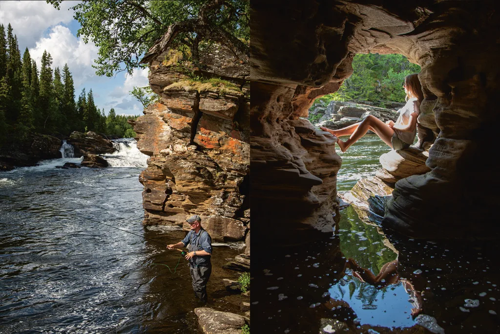 Delad bild: Vänster sida visar en person som fiskar vid en klippig flod med ett vattenfall och tallar. Höger sida visar en person som sitter i en grottliknande klippformation och blickar ut över floden, med sin reflektion synlig i vattnet.