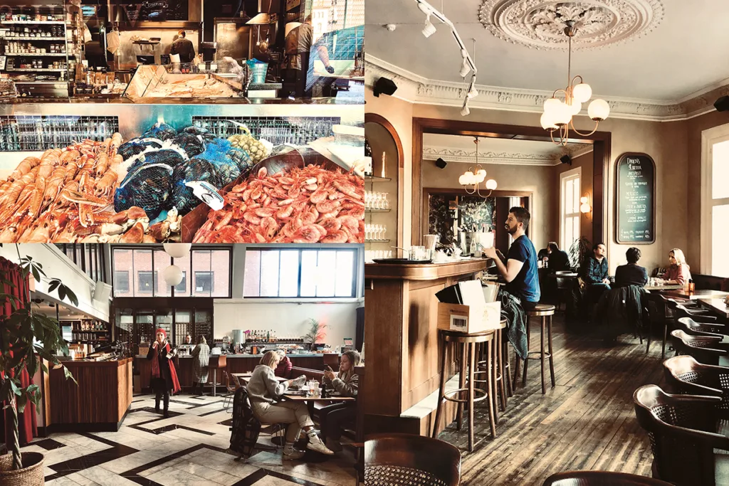 Ett collage med fyra foton som visar en fisk- och skaldjursmarknad med färska skaldjur, en mysig restaurangbar med matgäster, en kock som arbetar i ett öppet kök och matgäster som sitter vid bord på ett elegant café i vintagestil.