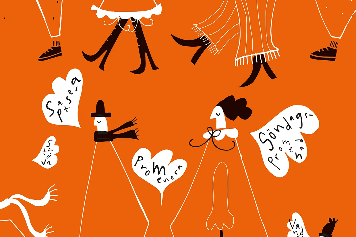 Stiliserad illustration av människors ben och fötter i svarta skor på en orange bakgrund, med abstrakta armar, hjärtan och handskrivna svenska ord, vilket ger en lekfull, nyckfull känsla.