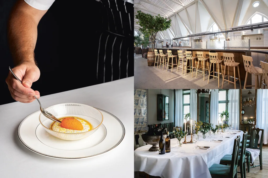 Ett collage som visar en kock som lägger upp en dessert, en modern restaurang med träpallar vid en lång disk och en elegant matsal som dukats för en måltid med levande ljus och vinflaskor på bordet.