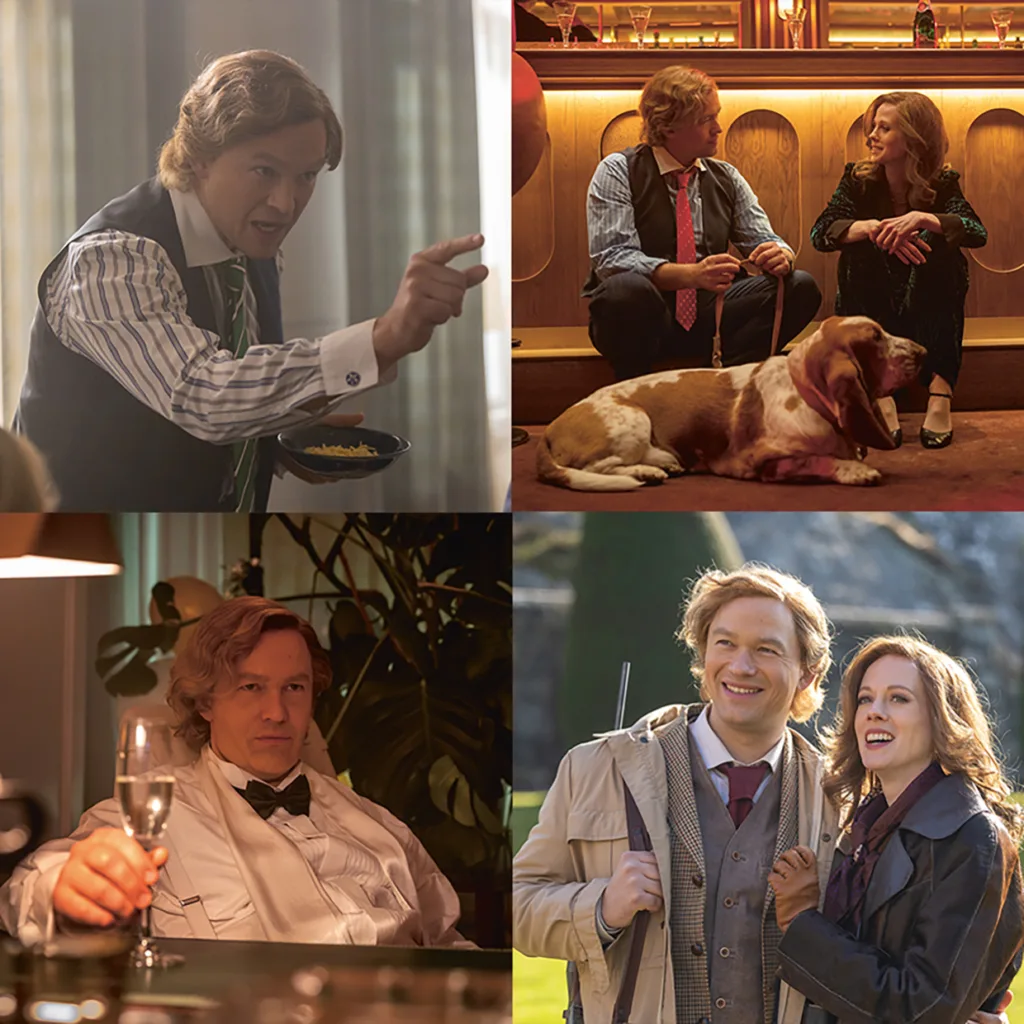 Ett collage med fyra scener som visar Jakob Oftebro som Stenbäck med vågigt blont hår och en kvinna med ljusbrunt hår i olika miljöer: pratar, sitter med en hund, håller i ett champagneglas och ler utomhus med ett paraply.