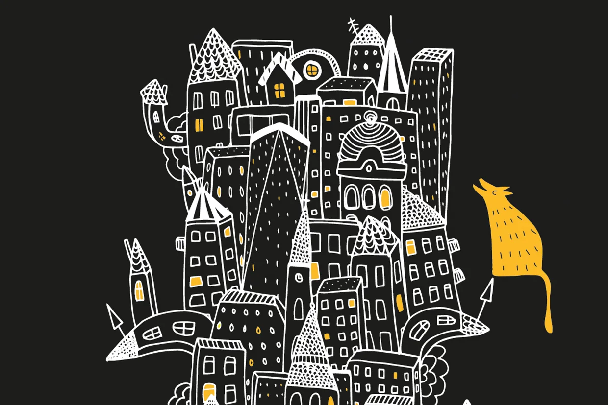 Finurlig svartvit stadsbildsillustration med olika byggnader, gult upplysta fönster och en gul stiliserad katt på höger sida, allt mot en svart bakgrund.